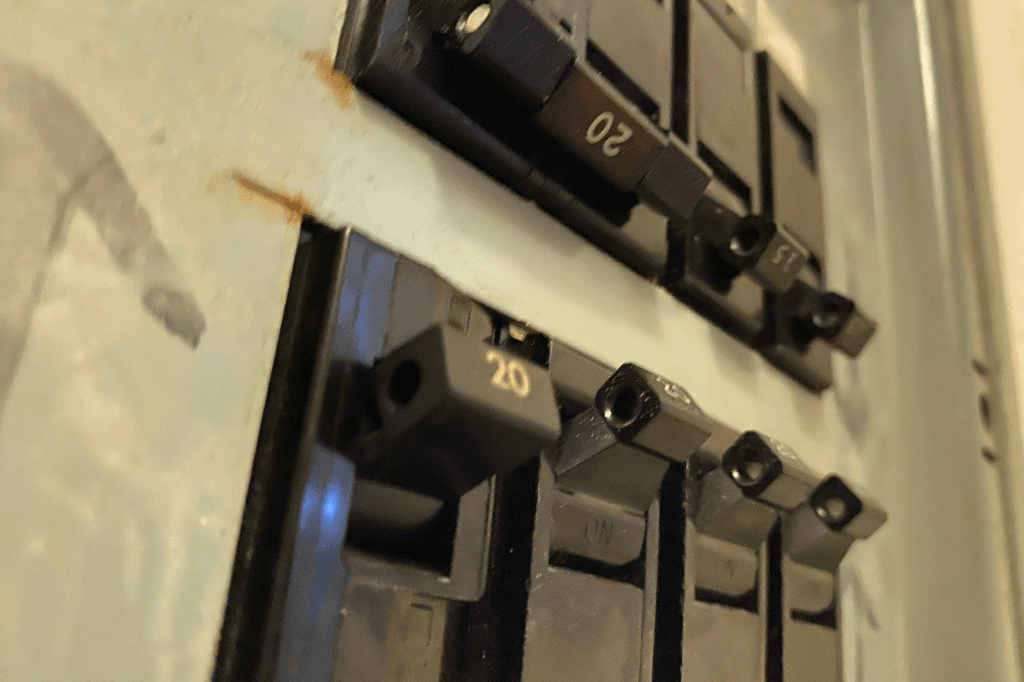 Circuit breaker panel with 15 and 20 amp breakers – fuse box vs. circuit breaker