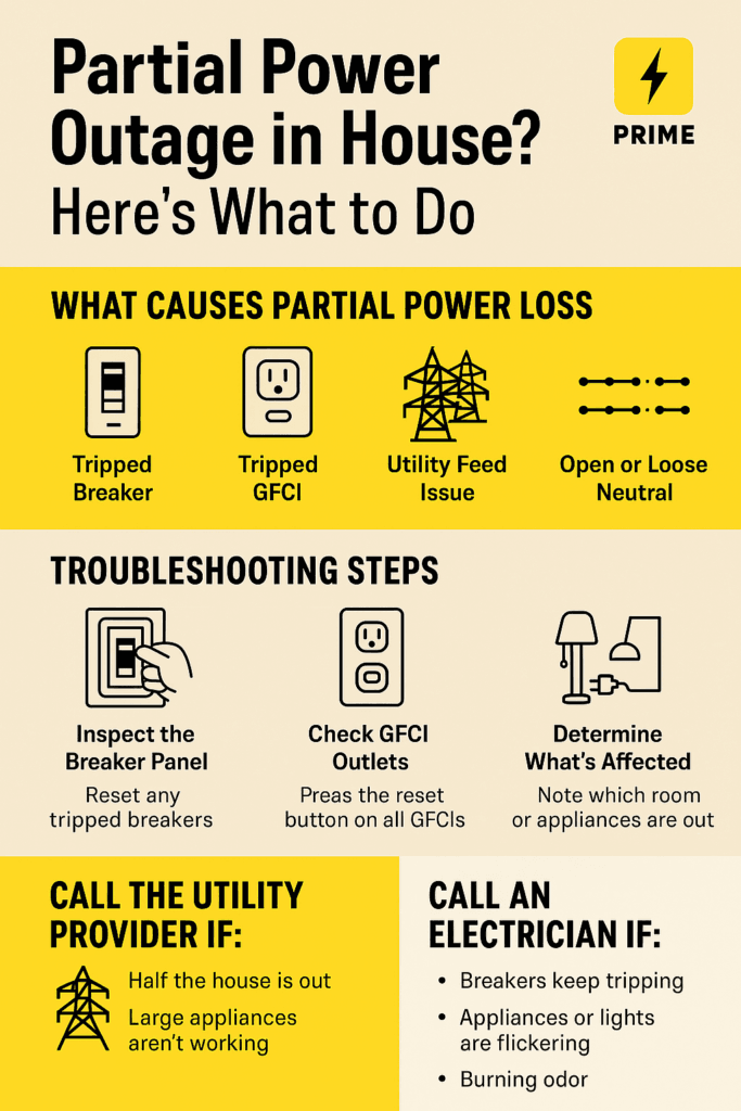 Infographic explaining causes and solutions for partial power outages in homes, including steps like checking breakers and GFCI outlets, and when to call a utility provider or electrician. Designed in yellow, black, and beige with icons and clear headings.

