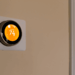 Smart electrical thermostat set to 74 degrees on an interior wall