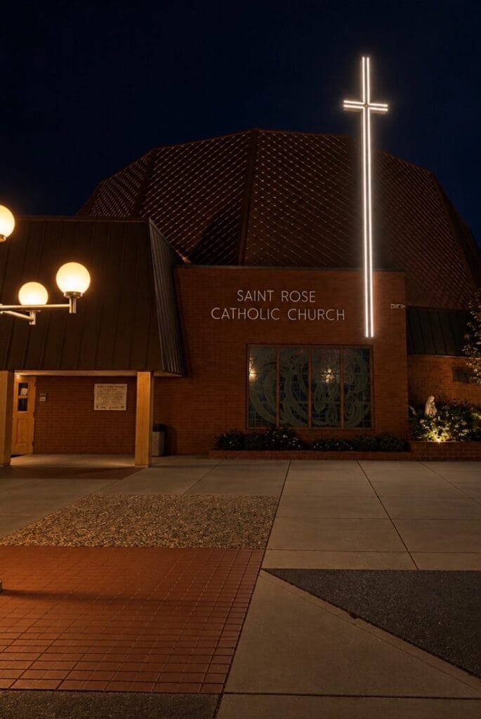 LED cross lighting installed by Prime Electric at Saint Rose Catholic Church, warm white